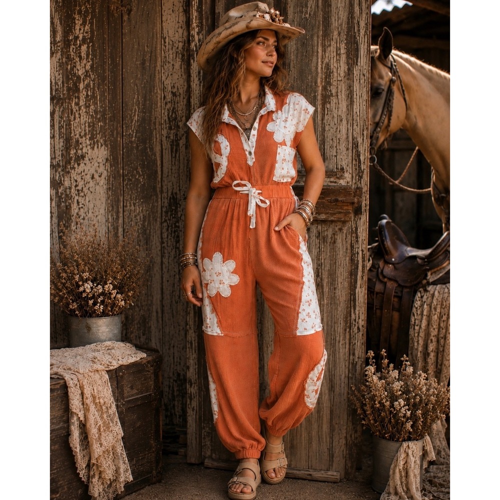 212. New POL Boho Floral Patchwork Waffle Knit Jumpsuit Rust Overall